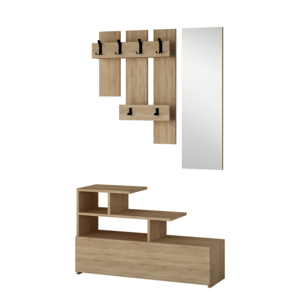 Mesty - meuble d'entrée effet bois avec porte manteau, rangement et miroir
