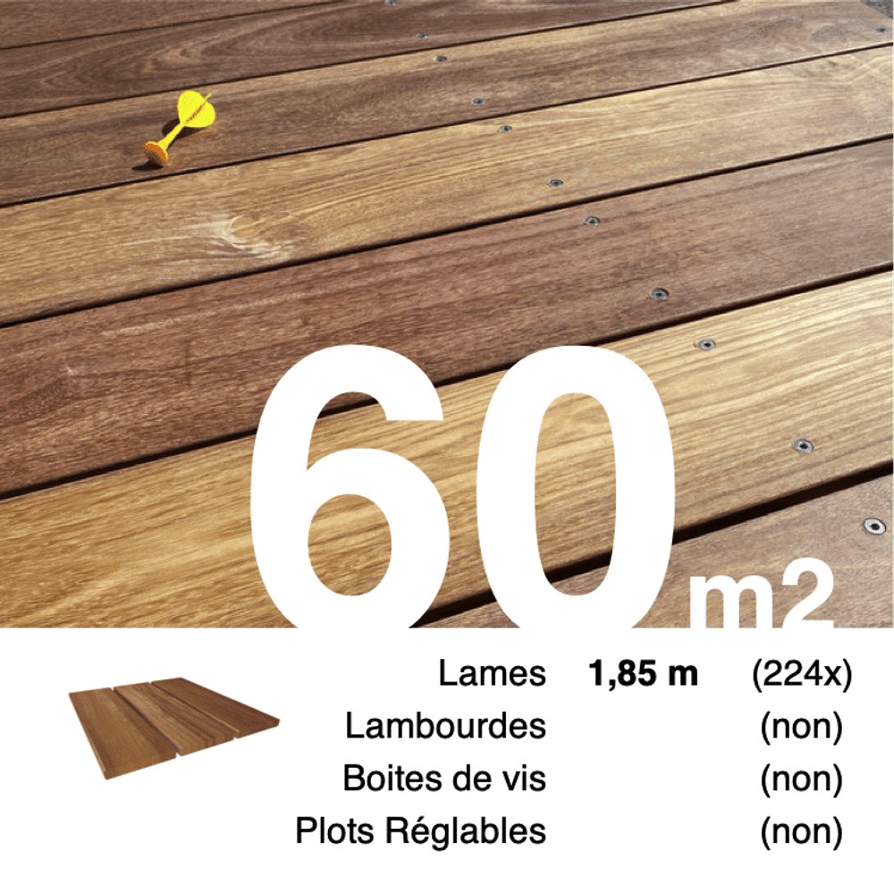 Planches de terrasse bois exotique cumaru pour 60 m², longueur 1,85 m.