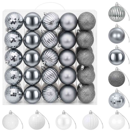Ensemble de boules de noël 75 pc blanc et gris 6 cm polystyrène