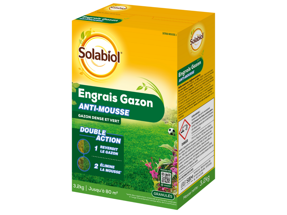 Solabiol engrais gazon - sac 3,2 kg - jusqu'à 80m² - double action reverdit le gazon & élimine la mousse - granulés sogazmou80n