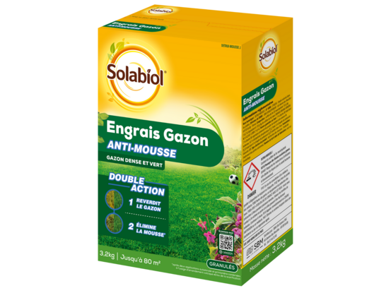 Solabiol engrais gazon - sac 3,2 kg - jusqu'à 80m² - double action reverdit le gazon & élimine la mousse - granulés sogazmou80n