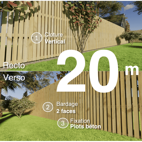 Kit clôture bois moderne 20m – h 1,9m – 20 x 60 mm autoclave vert – pose vertical – double face – à sceller