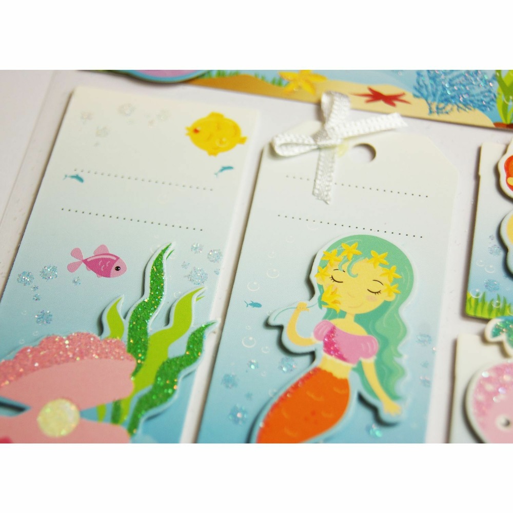 8 étiquettes autocollantes cadeaux - sirènes - paillettes et ruban