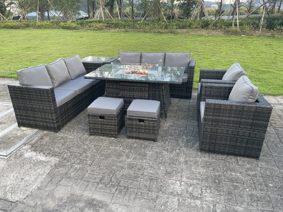 Extérieur en rotin meubles de jardin foyer à gaz table à manger chauffage à gaz chaise longue petit tabouret gris foncé