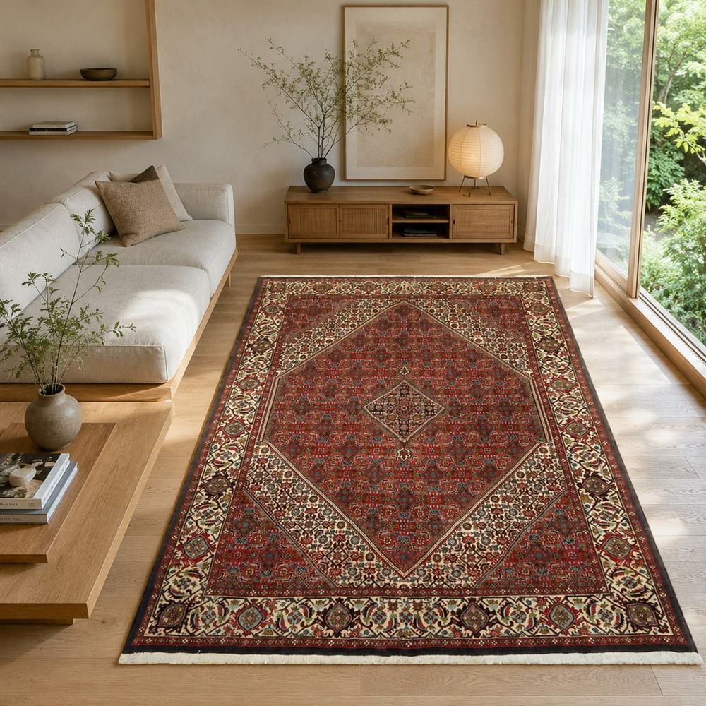 Tapis d'orient 144 x 202 cm, rouge et crème, en laine noué main, bidjar 3
