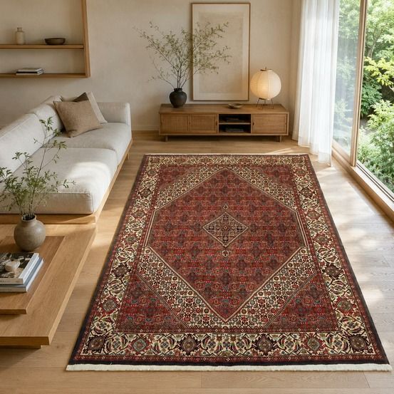 Tapis d'orient 144 x 202 cm, rouge et crème, en laine noué main, bidjar 3