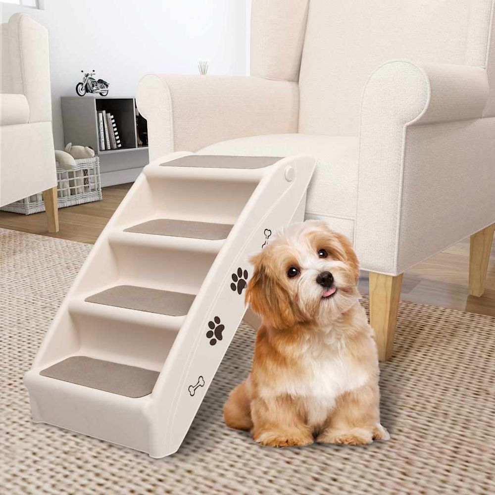Escalier chien pliable 4 marches feutre antidérapant pour accès lit et voiture crème