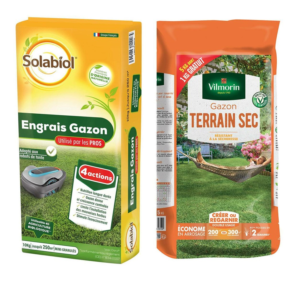 Lot d'un sac de gazon pour terrain sec 5kgs et d'un sac engrais gazon 10kgs
