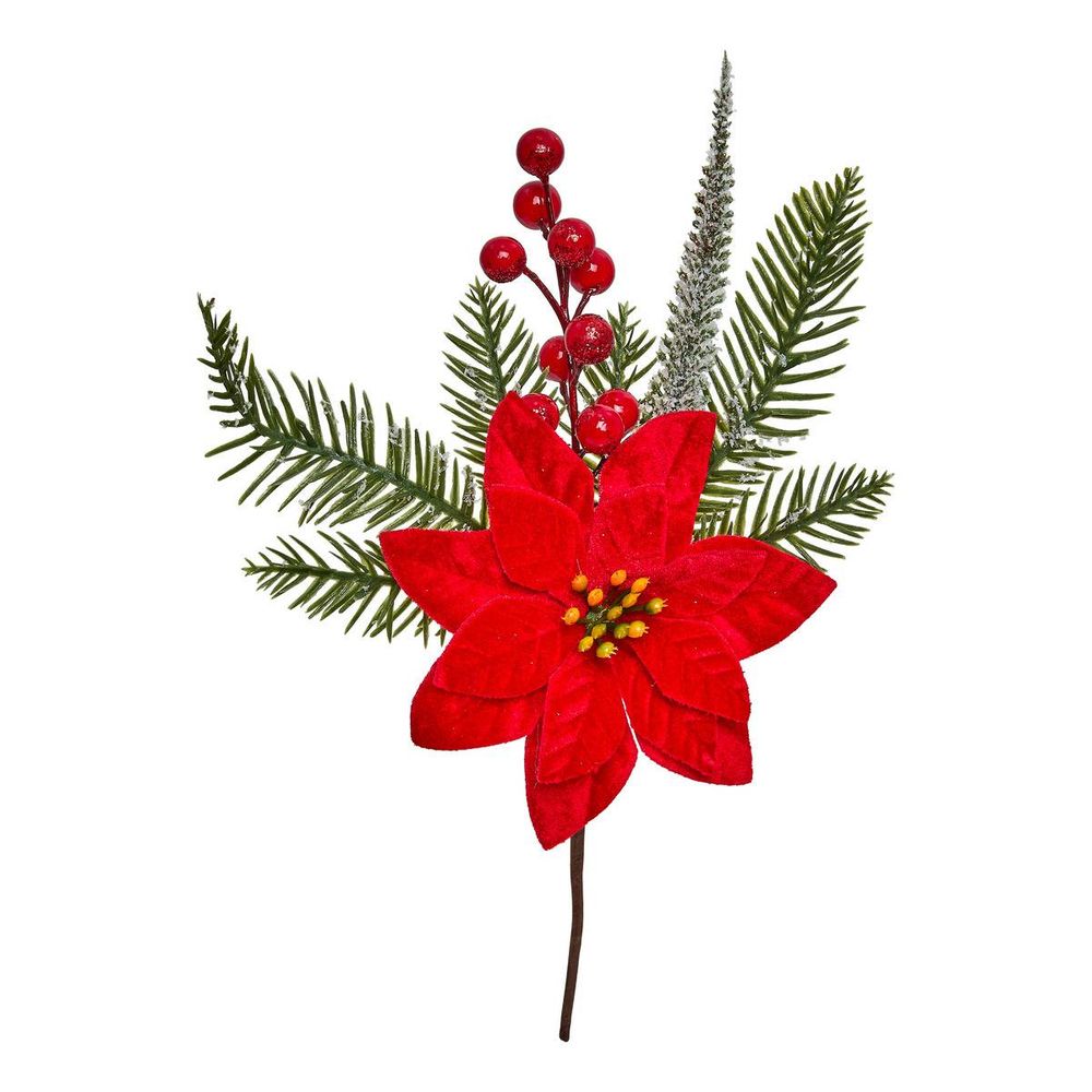 Branche décorative de noël poinsettia et baies h. 30 cm