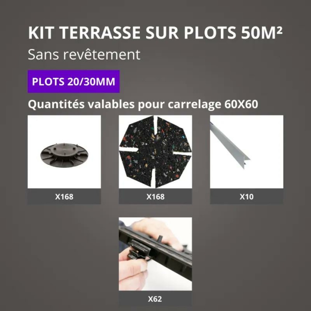 Kit terrasse sur plots sans revêtement 50m² - finition gris aluminium - 20/30 mm - jouplast