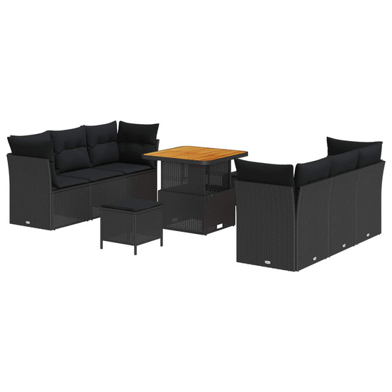Ensemble de canapé de jardin avec coussin 9 pcs noir polyrotin