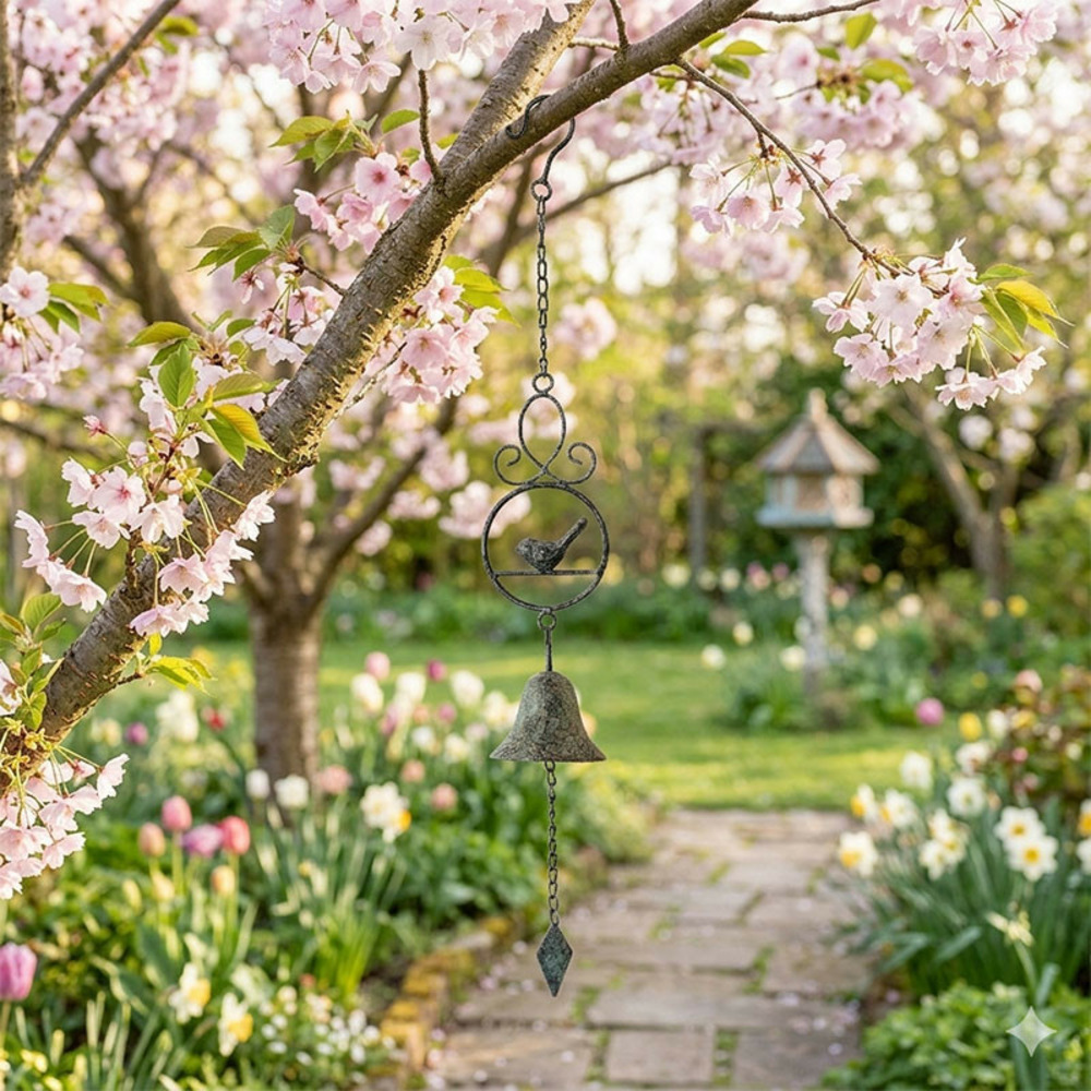 Cloche suspendre oiseaux fonte 10x10x74cm