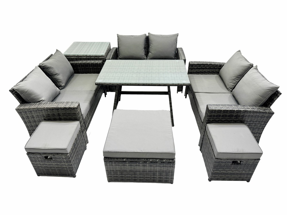 Salon de jardin avec table à manger rectangulaire canapé 2 places 3 tabourets table d'appoint gris foncé mixte