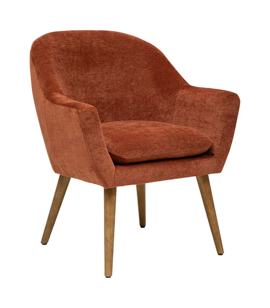 Fauteuil en tissu chenille ambre et pieds en bois