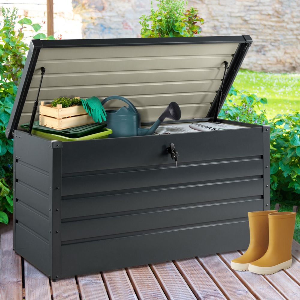 Coffre de rangement métal verrouillable gris anthracite pour jardin 350l 120x62,5x63 cm