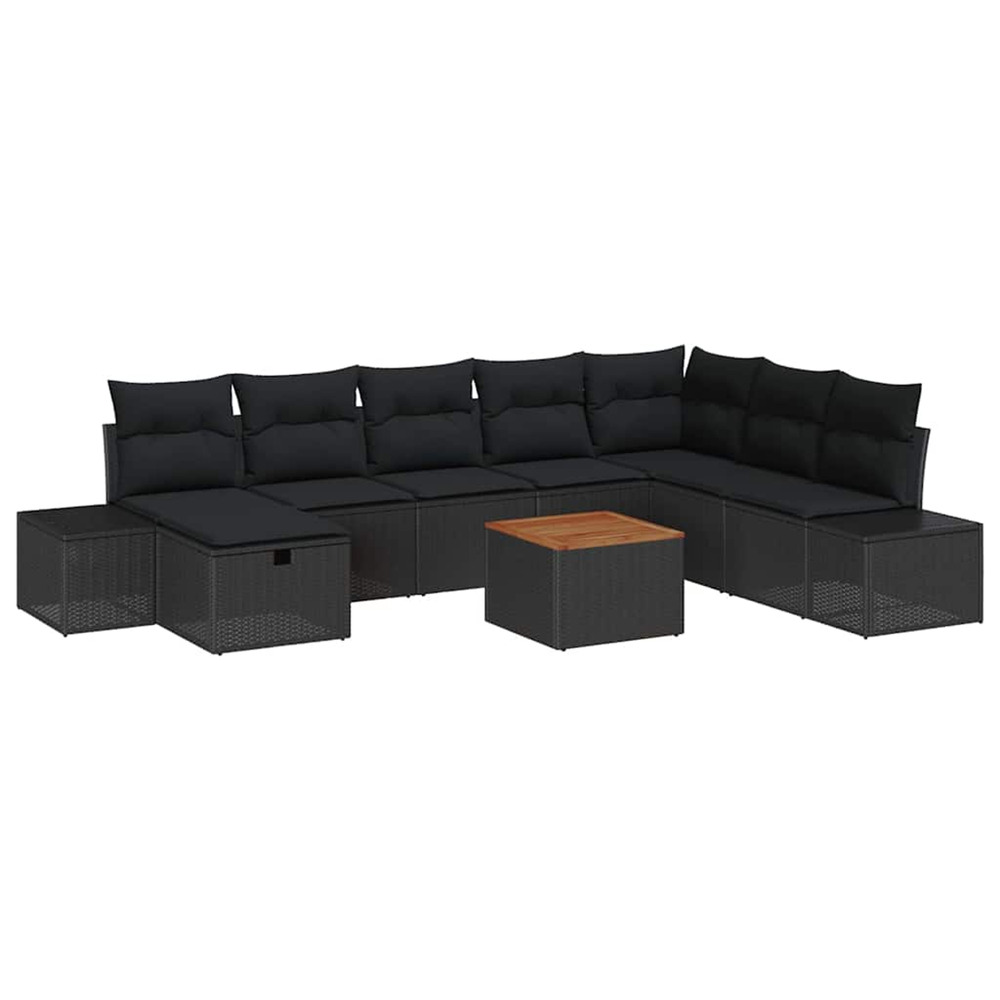 Ensemble de canapé de jardin avec coussin 9 pcs noir polyrotin