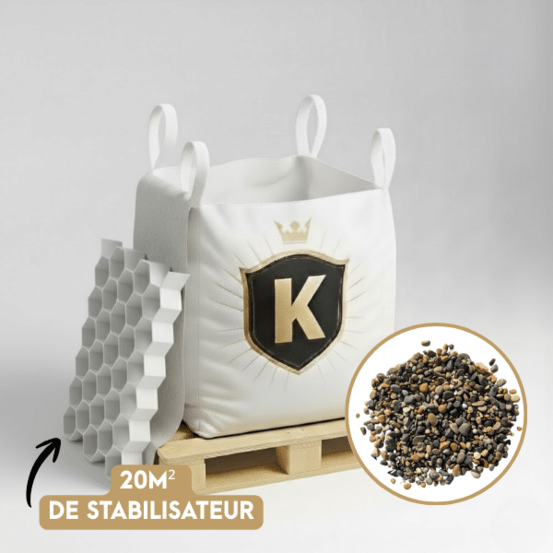 Kit galets gris + dalles stabilisatrices = 1 big bag galet lavé durance 6/16 1,5t + 20m2 dalles stabilisatrices blanches