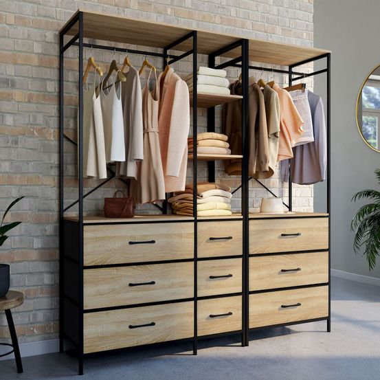 Dressing penderie modulable l. 150 cm utah xxl avec 3 étagères et 9 bacs en tissu bois et noir