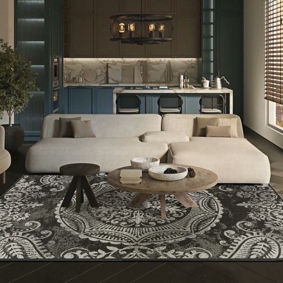 Tapis extérieur 160x225 tissé kilim noir et gris irisa 1