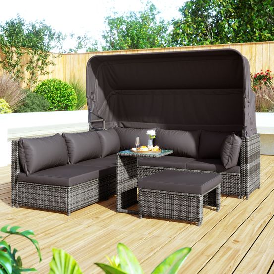Ensemble salon de jardin avec canapé, îlot et parasol, rotin résistant aux intempéries pour terrasse et jardin, gris