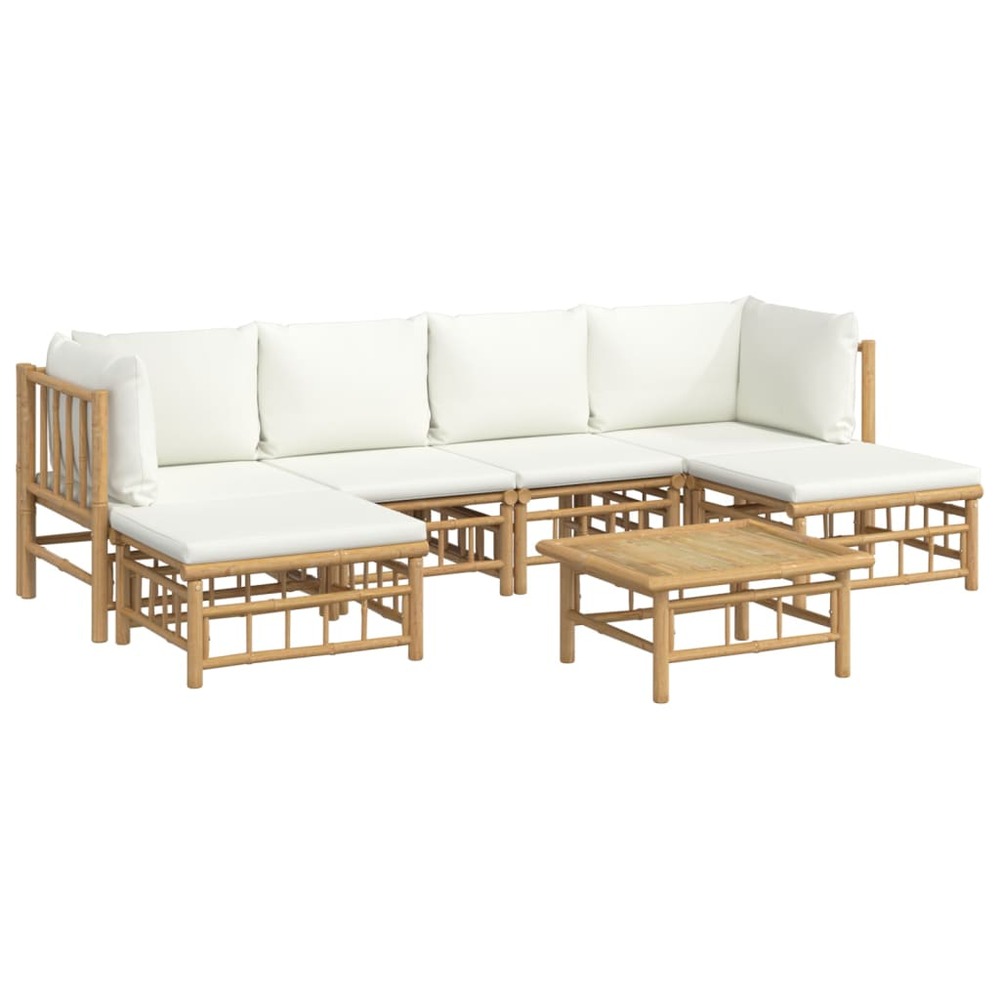 Salon de jardin meuble d'extérieur ensemble de mobilier 7 pièces avec coussins blanc crème bambou
