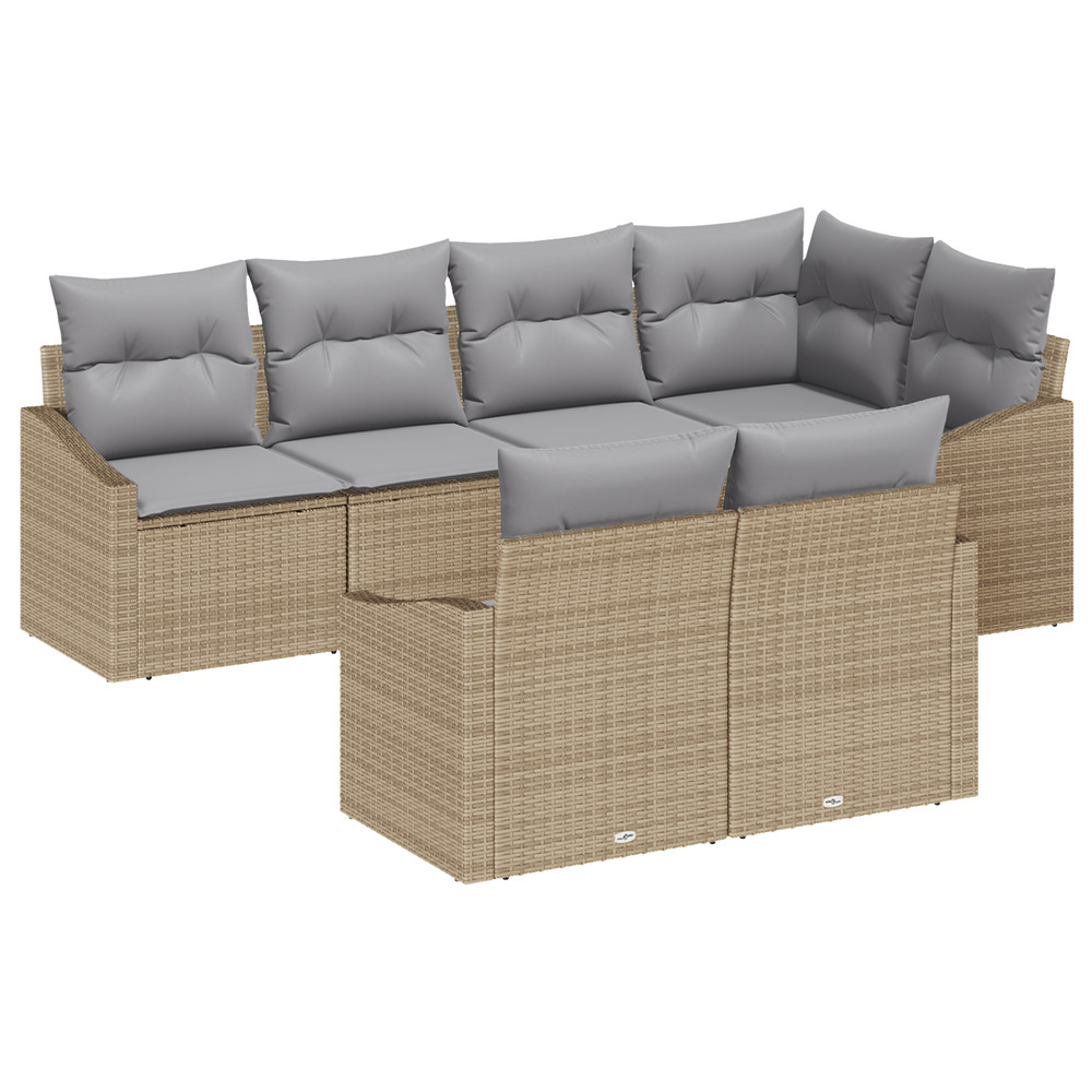 Set de canapé de jardin 7 pièces avec coussins beige poly rattan