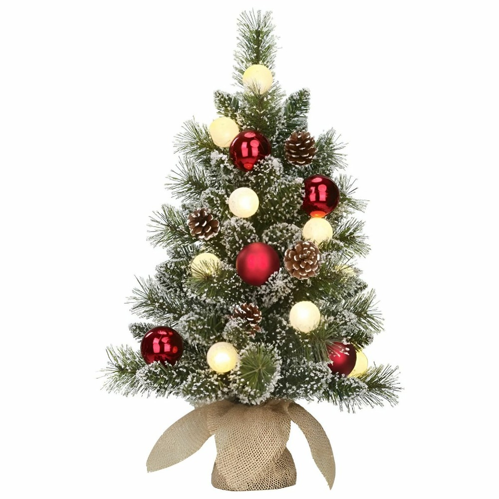 Black box trees kaprun sapin de noël artificiel en jute - christmas tree h60 x ø39 cm - sneeuw en versiering - vert, rood, frosted