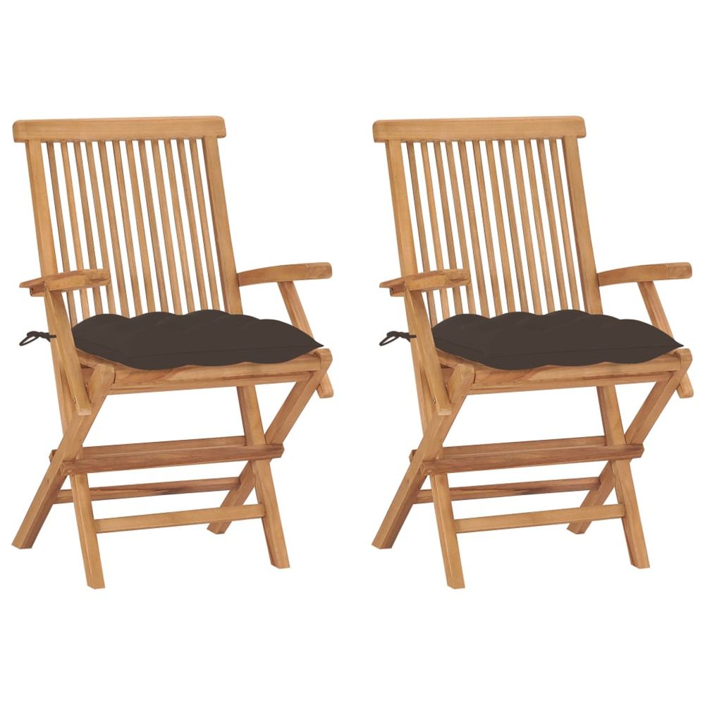 Chaises pliantes avec coussins taupe, 2 pièces, en bois de teck massif