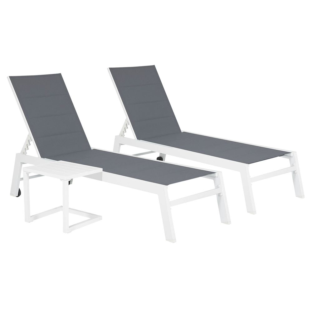Set 2 transats et table d'appoint barbados textilène gris - aluminium blanc