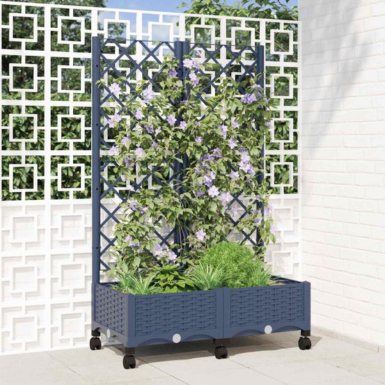 Bac de jardin avec treillis polypropylène balcon terrasse plantes grimpantes 80x40x131 bleu gris