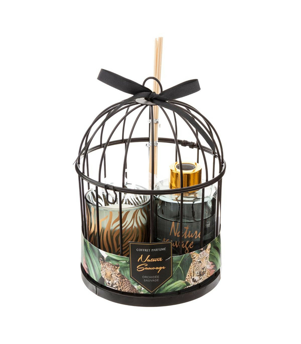 Coffret senteur nature sauvage cage en métal, diffuseur de parfum et bougie