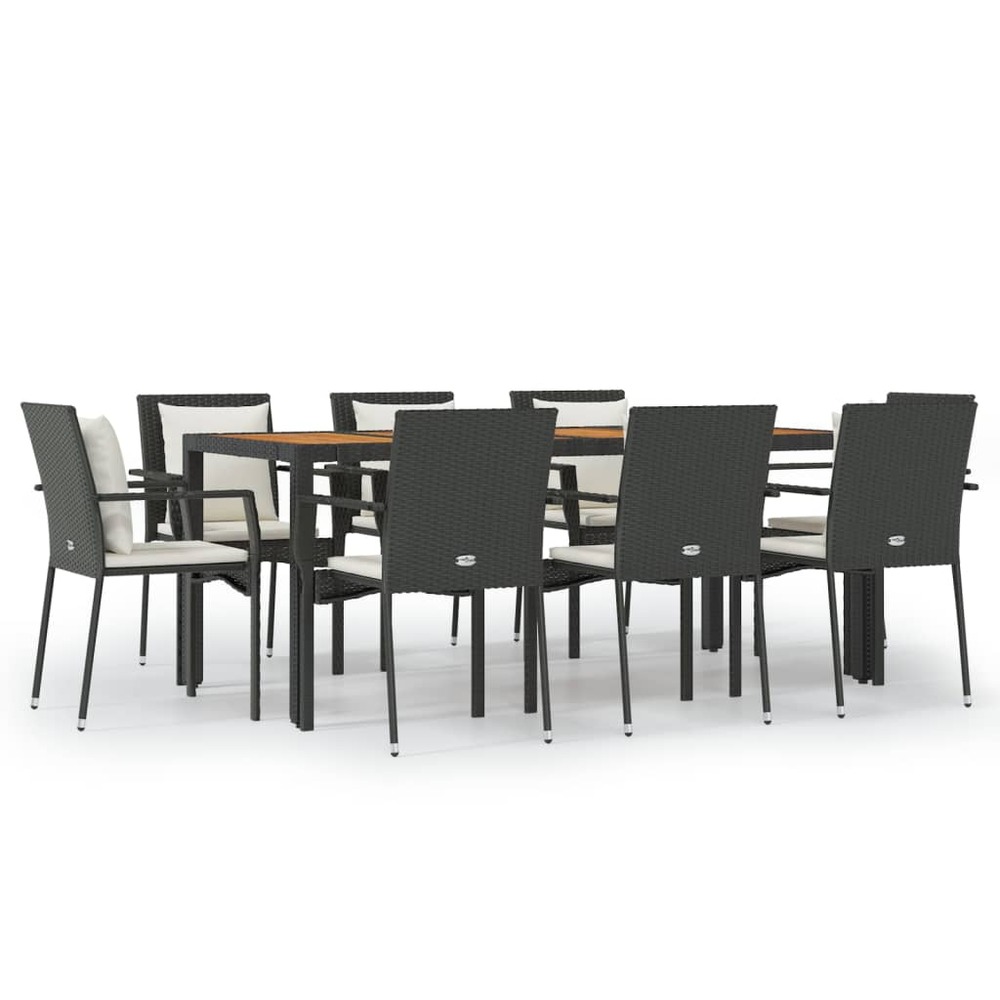 Mobilier à dîner de jardin 9 pièces et coussins noir résine tressée