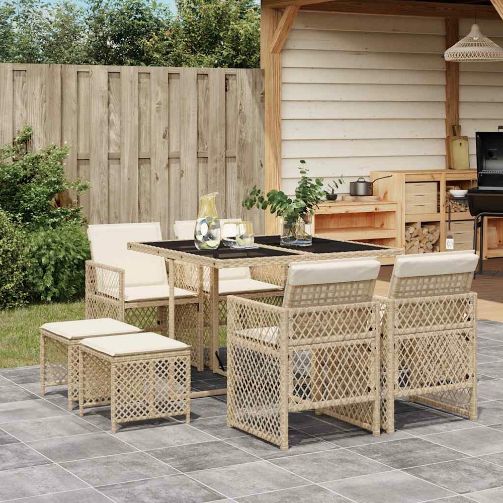 Ensemble à manger de jardin et coussins 9 pcs beige poly rotin
