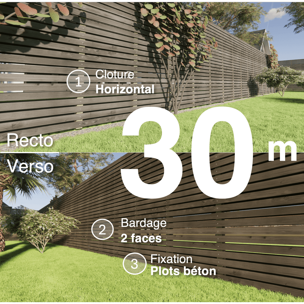 Kit clôture bois moderne 30m – h 2,3m – 20 x 70 mm noir par trempage – pose horizontal – double face – à sceller