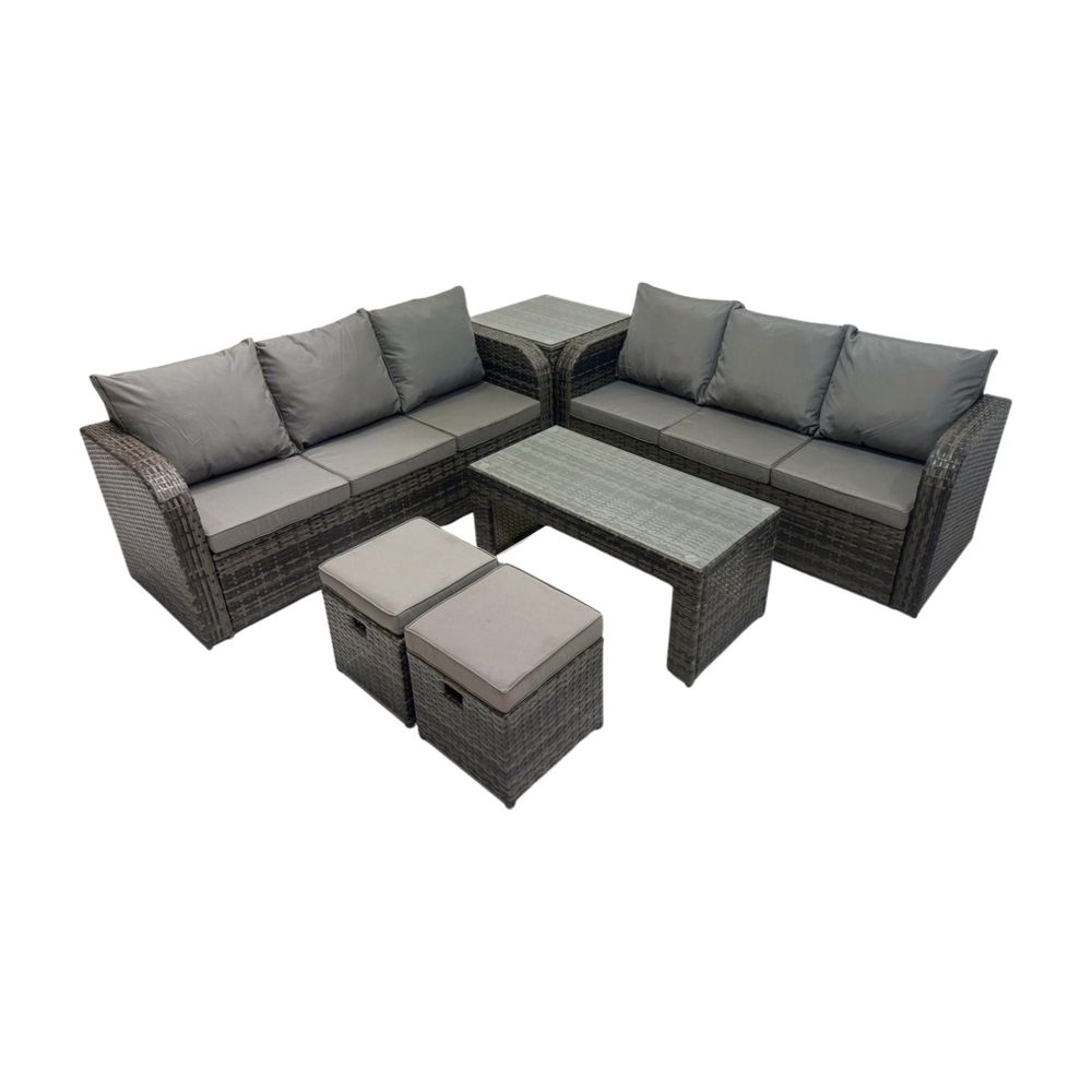 Salon de jardin avec table basse rectangulaire 2 petits tabourets canapé 3 places table d'appoint gris foncé mixte