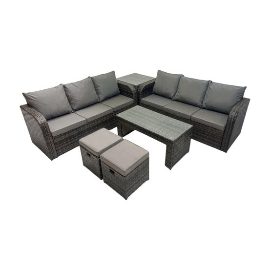 Salon de jardin avec table basse rectangulaire 2 petits tabourets canapé 3 places table d'appoint gris foncé mixte