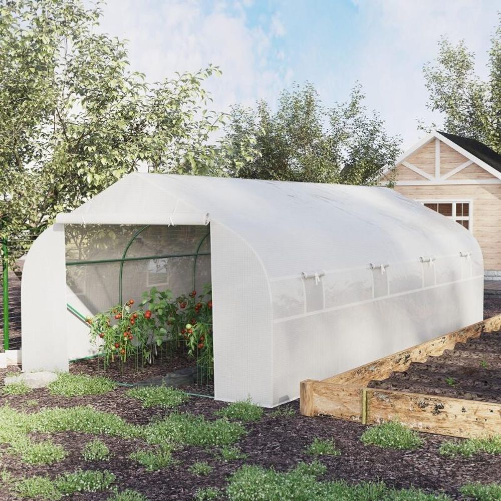 Serre tunnel de jardin acier pe blanc 595 x 300 x 200 cm potager 8 fenêtres porte enroulable - comfortxl outdoor living