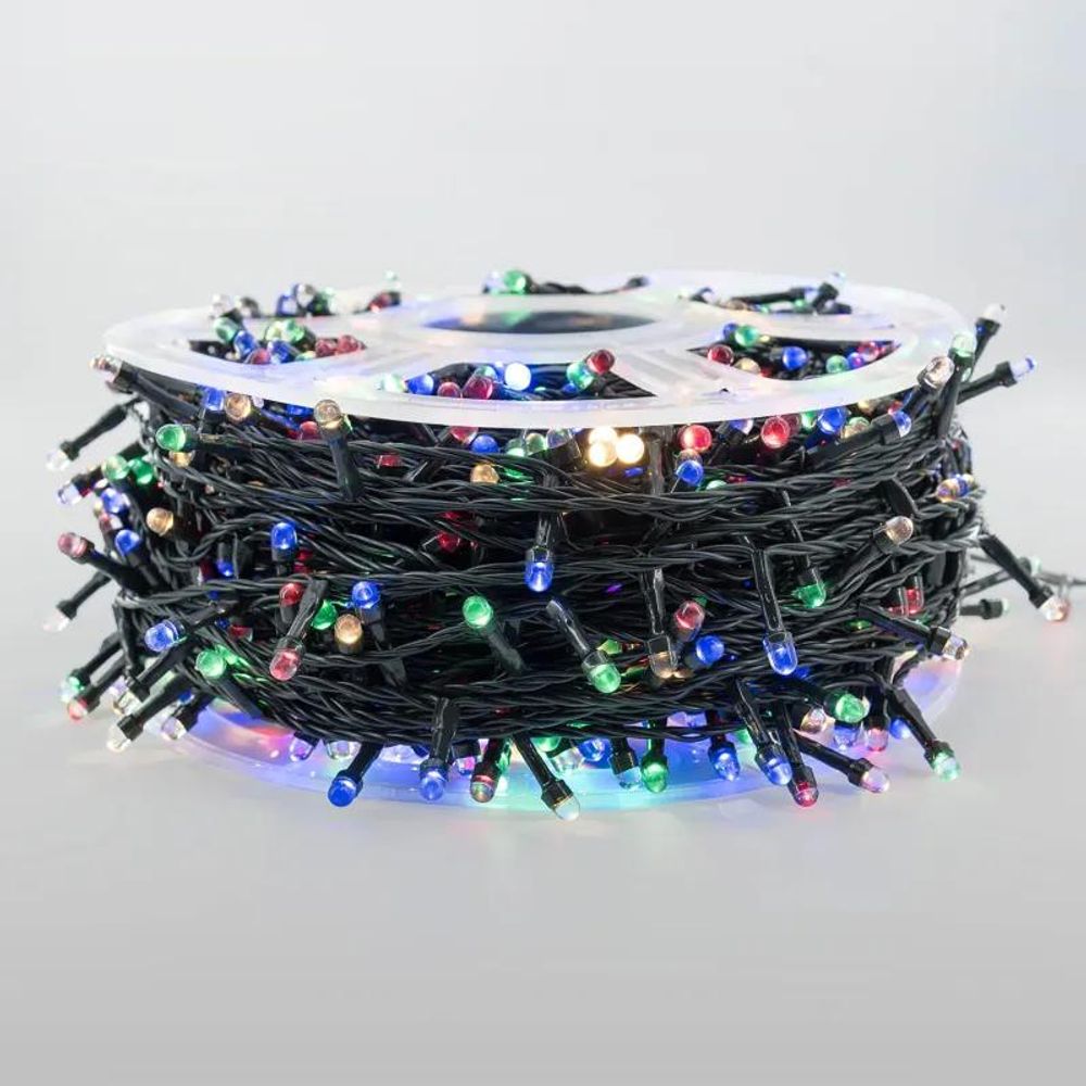 Guirlande lumineuse 1000 led multicolores 100m, câble vert, 8 animations + fixe, ip44 - lotti