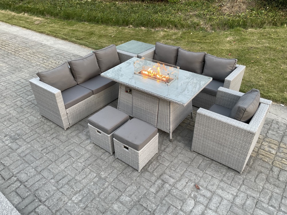 Table de foyer à gaz ensemble de meubles de jardin en rotin ave canapé table d'appoint fauteuil 2 petit tabourets gris clair