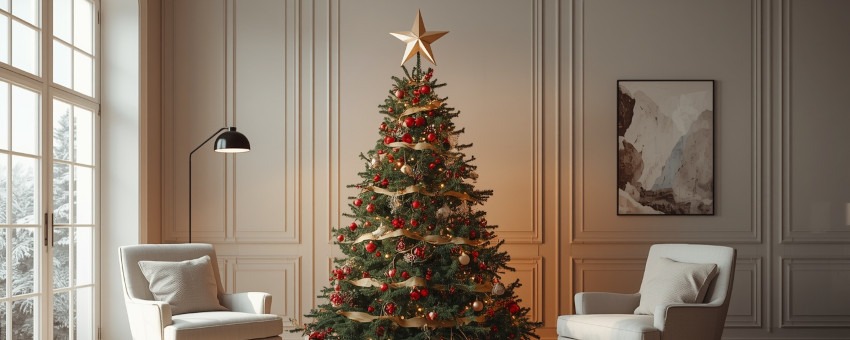 Sapin de Noël avec une étoile en cimier qui attire le centre de l'attention Sapin de Noël avec une étoile en cimier qui attire le centre de l'attention
