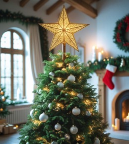 Etoile pour cime de sapin placé sur un sapin de Noel décorée positionné dans un salon