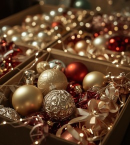 Boite en carton remplie de décorations de noël pour le rangement post festivité