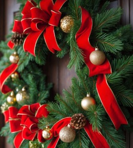Couronne de Noël à ruban rouge installée sur une porte d'entrée pour les fêtes de fin d'année