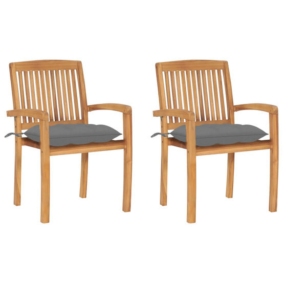 Chaises de jardin lot de 2 et coussins gris bois de teck massif