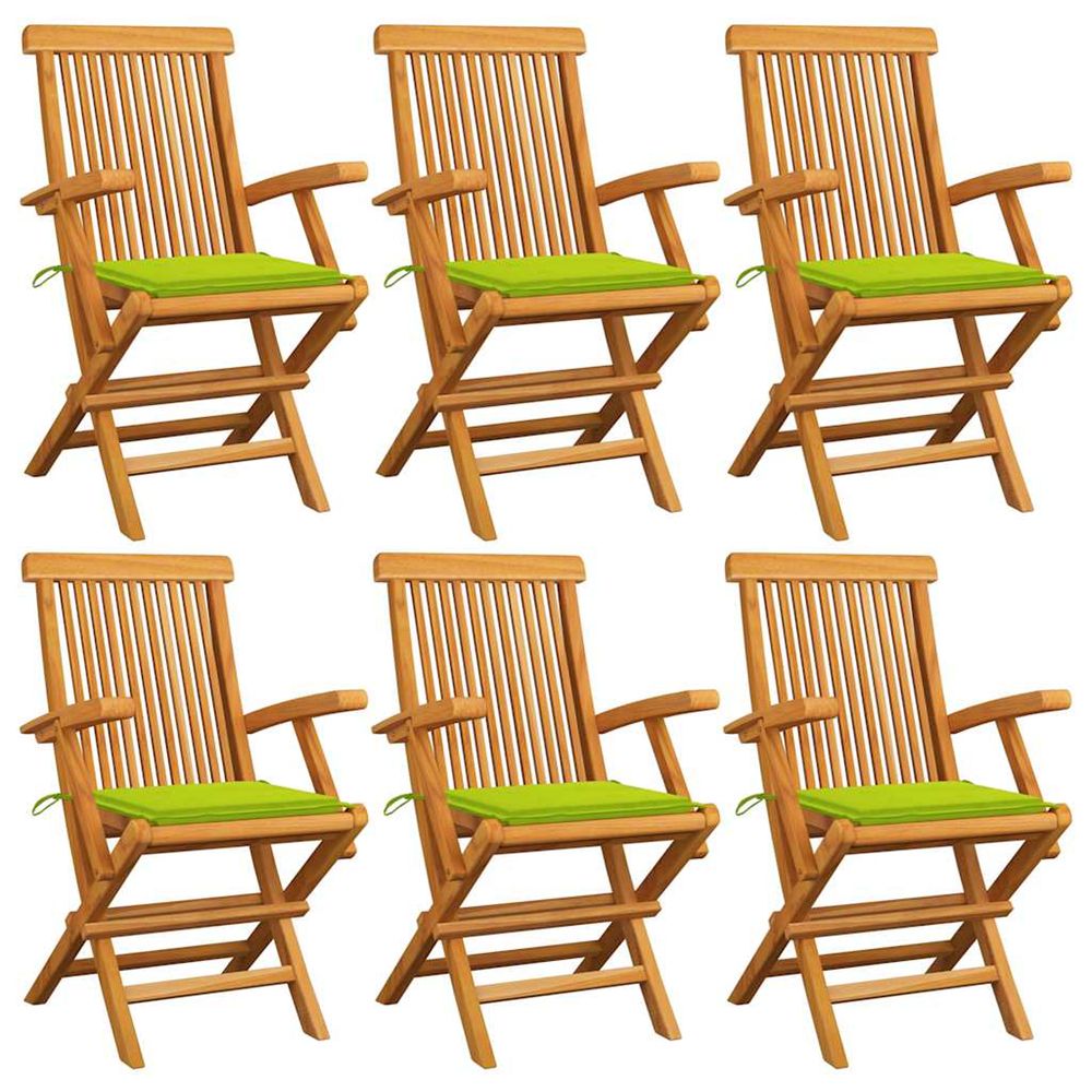 Chaises pliantes avec coussins vert vif, 6 pièces, en teck massif