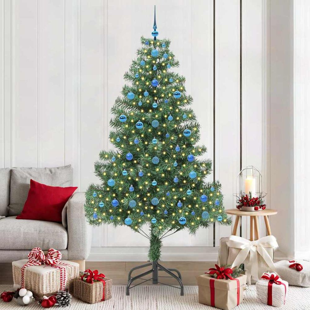 Arbre de noël artificiel vert 2.10 mètres, illuminé par 300 led, set complet de 120 décorations