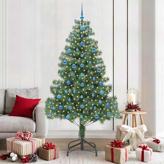 Arbre de noël artificiel vert 2.10 mètres, illuminé par 300 led, set complet de 120 décorations