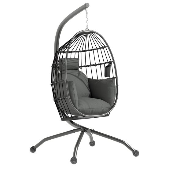Fauteuil à bascule suspendu d’extérieur avec siège en osier pliant et coussins épais, pied, appuie-tête, porte-gobelet, noir