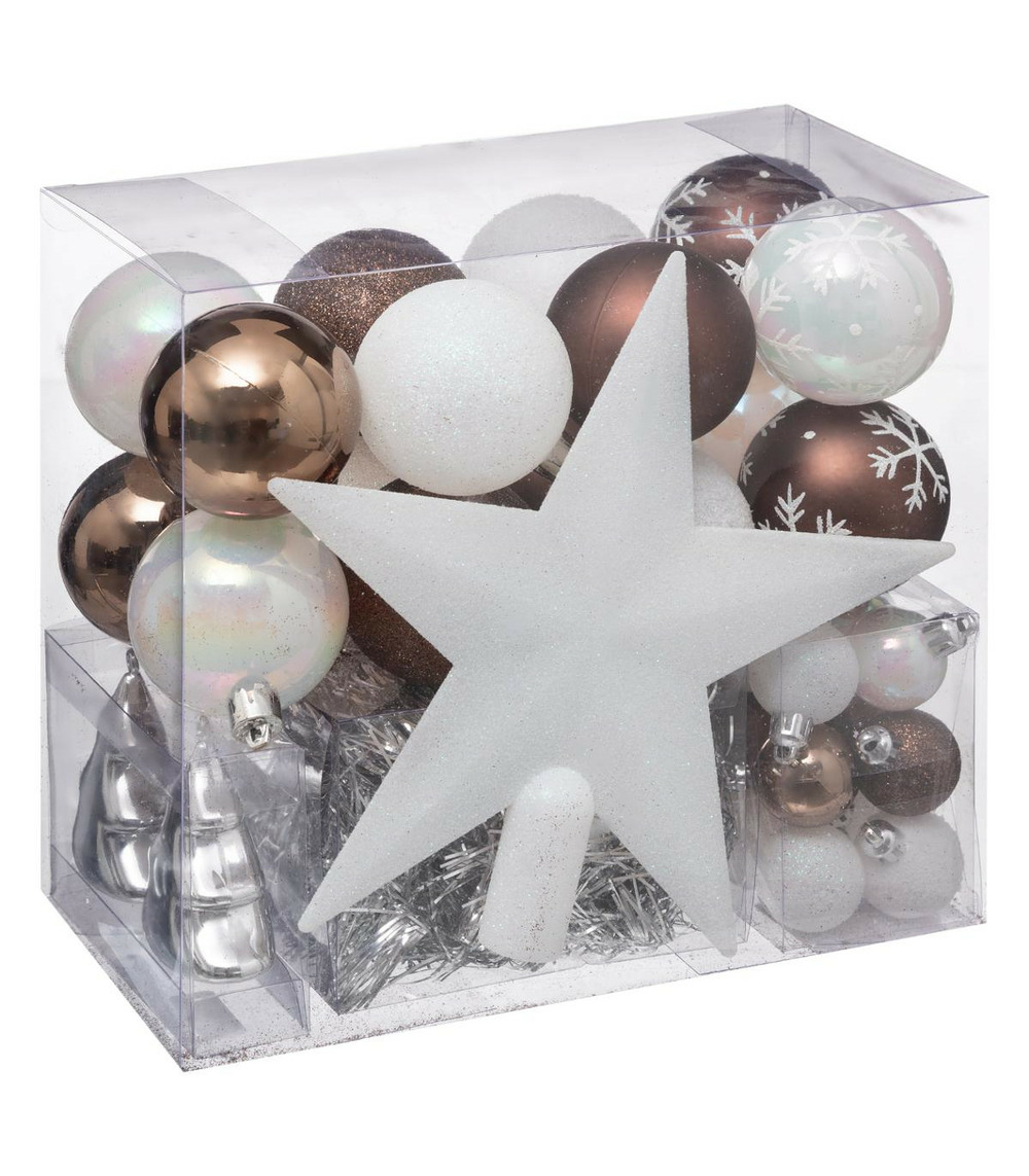 Déco de sapin de noël kit 44 pièces, boule, guirlande et cimier - blanc et café