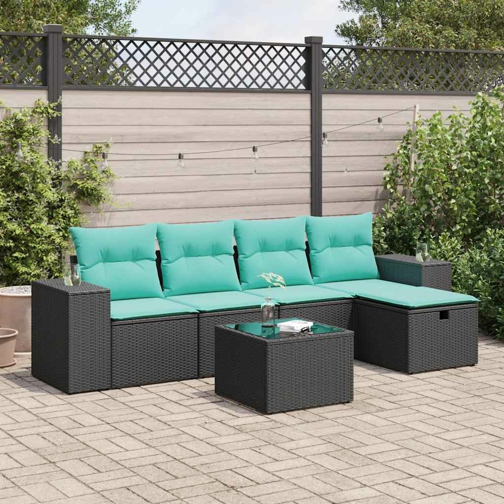 Salon de jardin 6 pcs avec coussins noir résine tressée